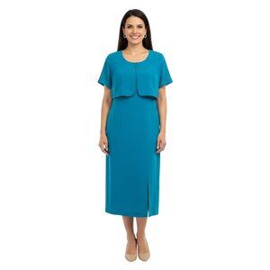 Talbots Vintage Torquoise 100% Silk Slit Front Midi/Maxi Dress Size 8